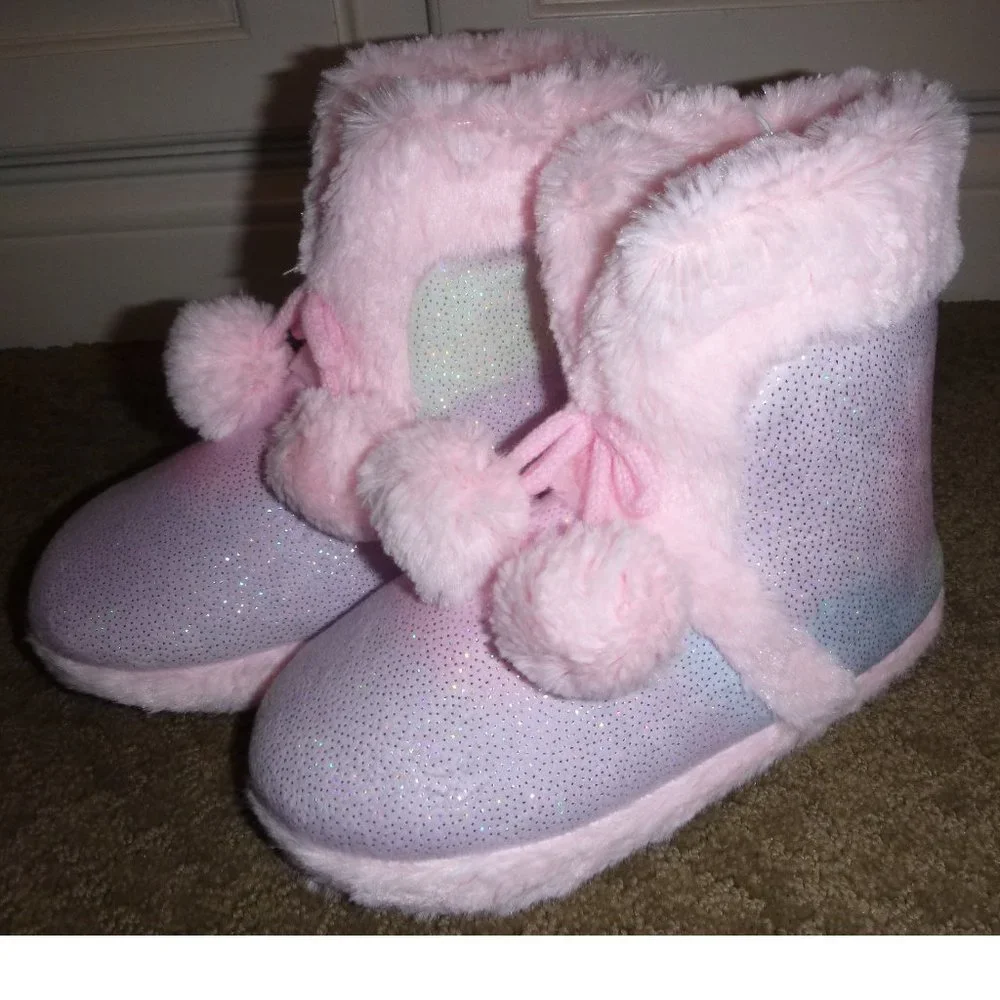 Girls Falls Creek Pastel Pom Pom Bootie Slippers Size 1/2 NWT Faux Fur